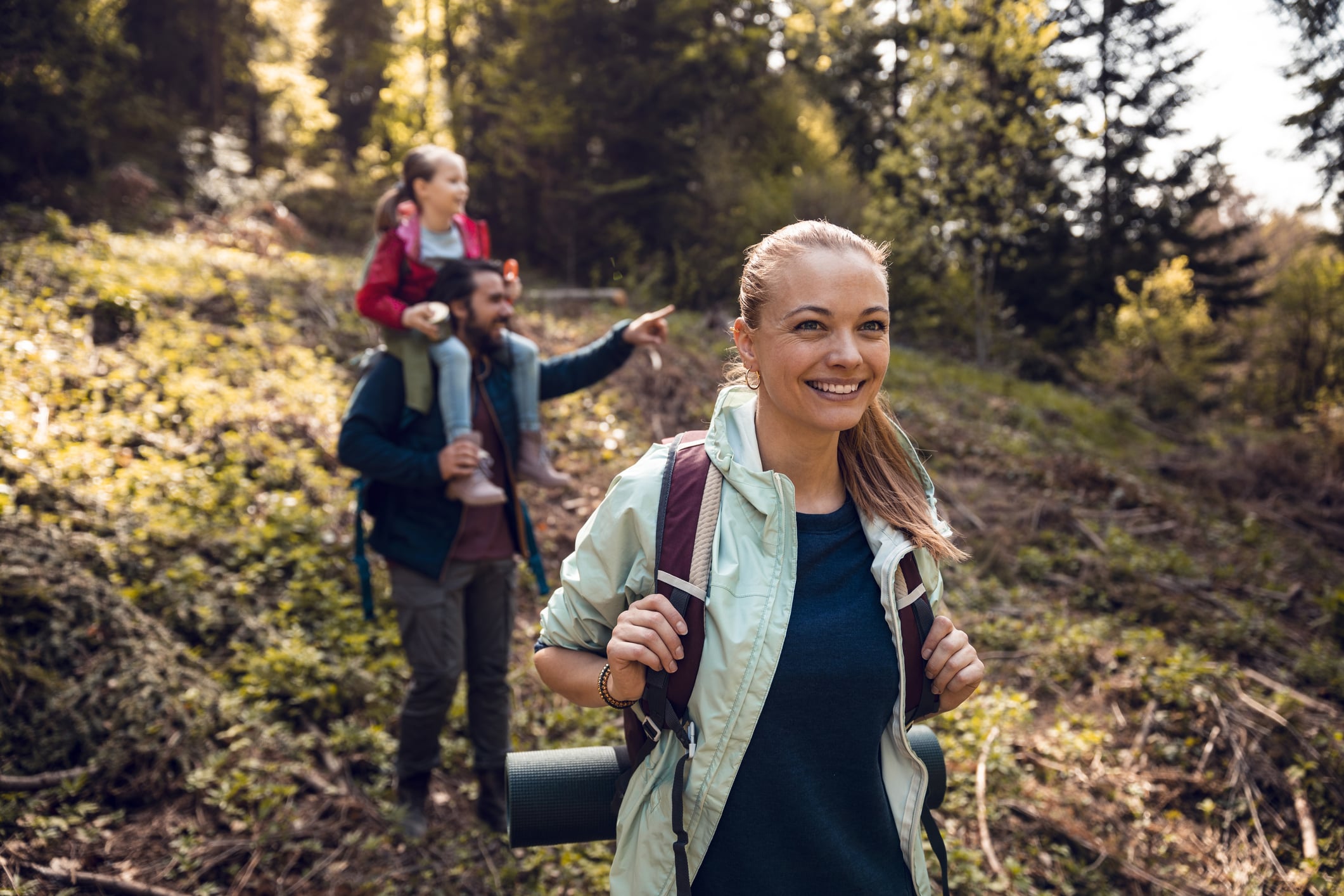 Family hiking outdoors.