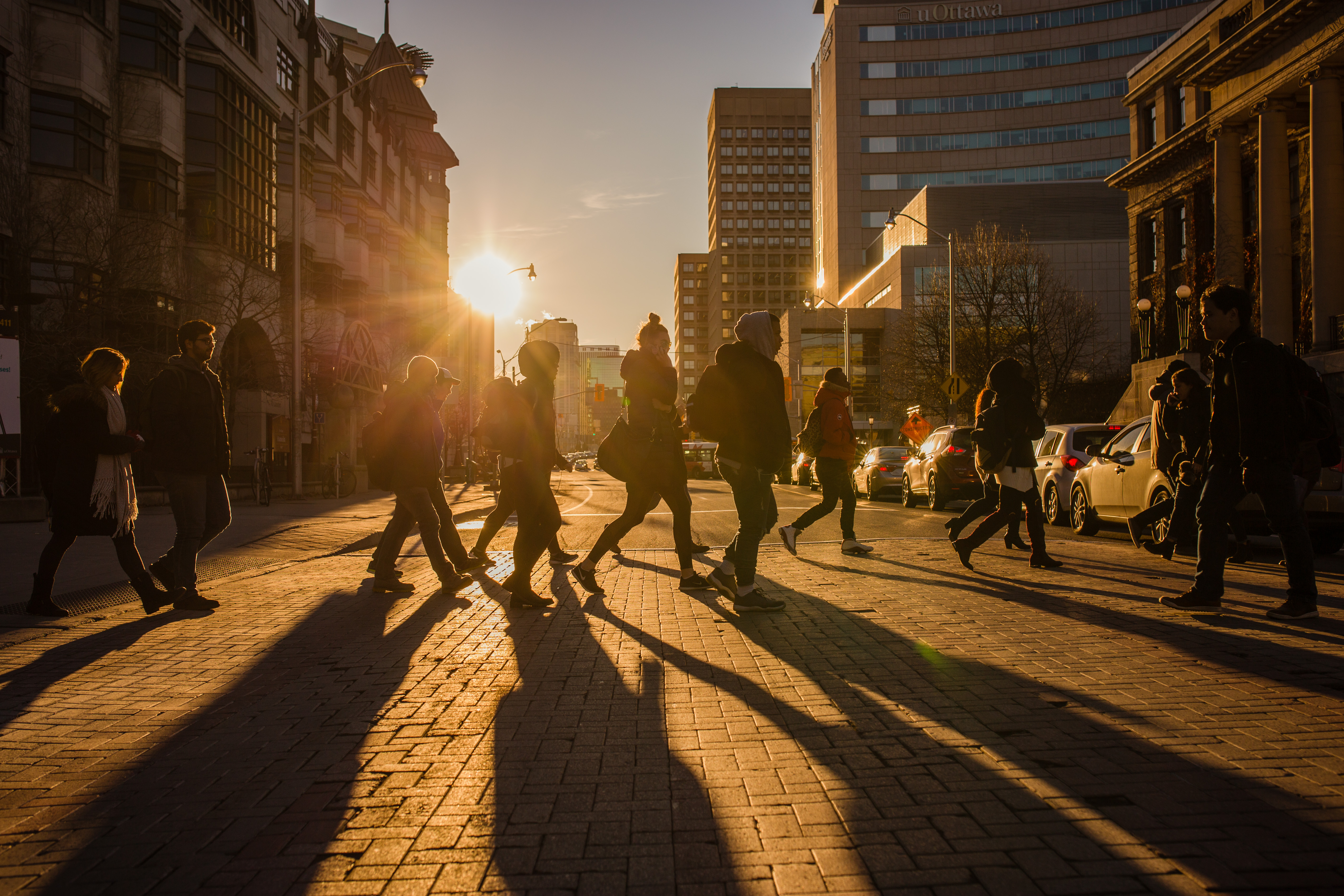 silhouette of students crossing street