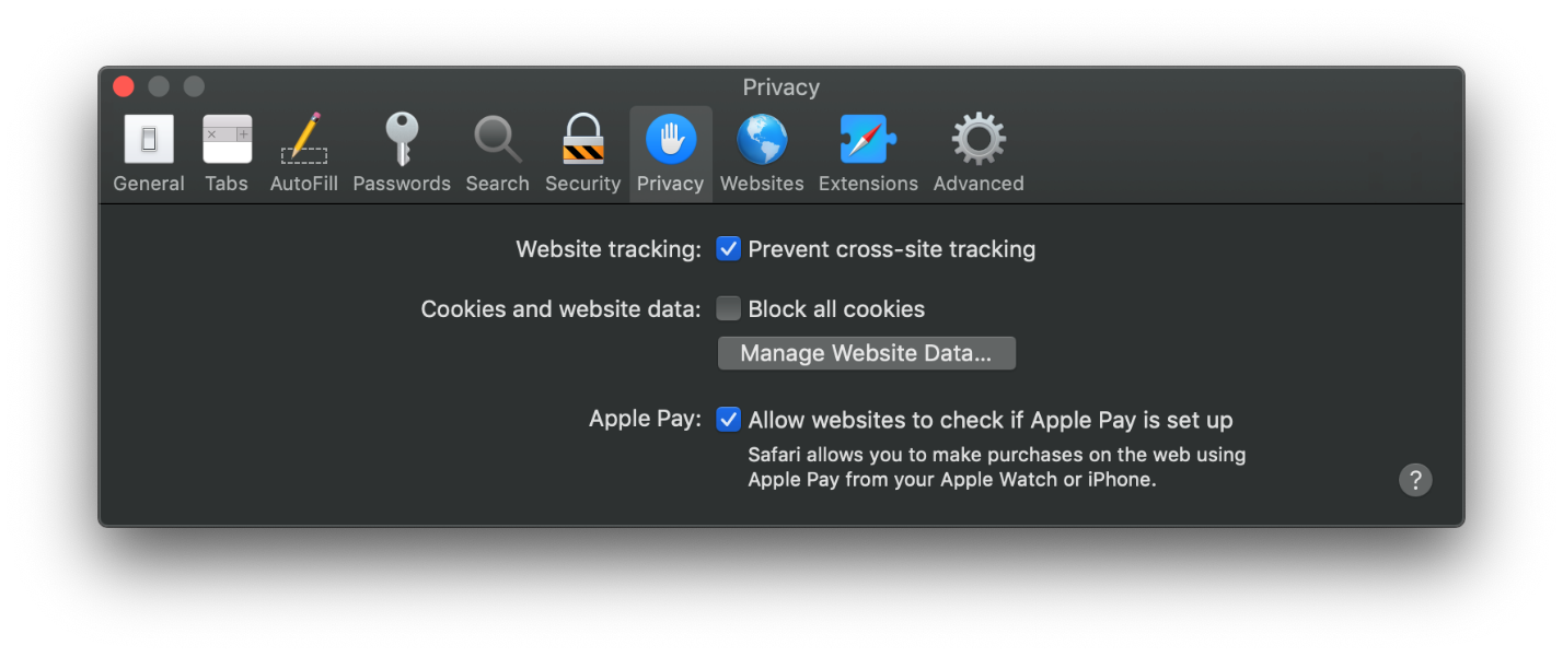 Screenshot of enabling cookies on Safari.