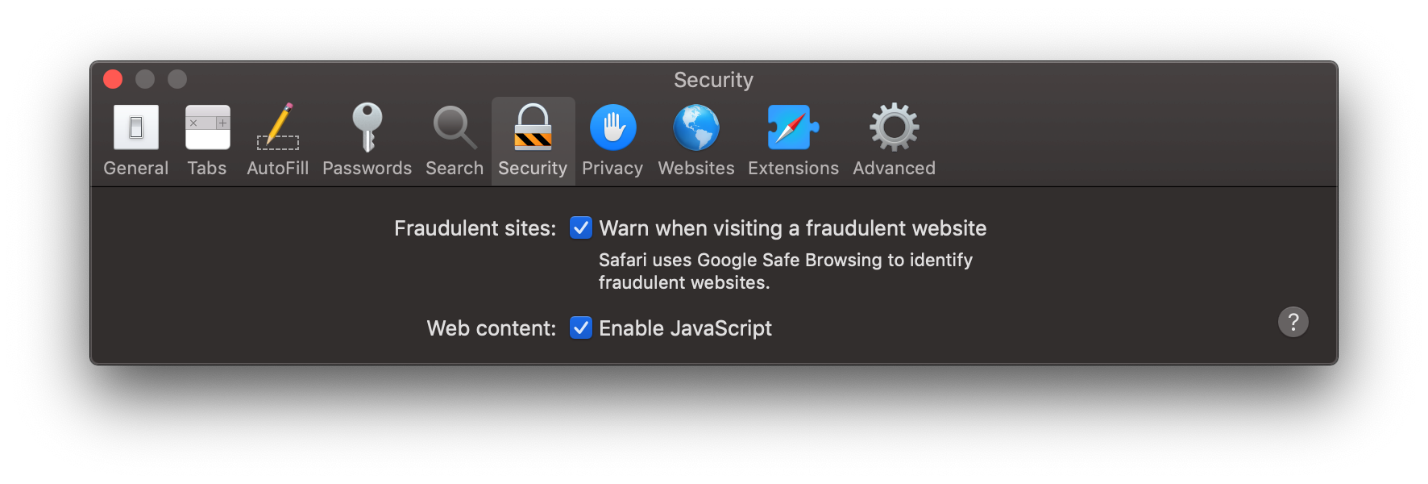 Screenshot of enabling JavaScript on Safari.