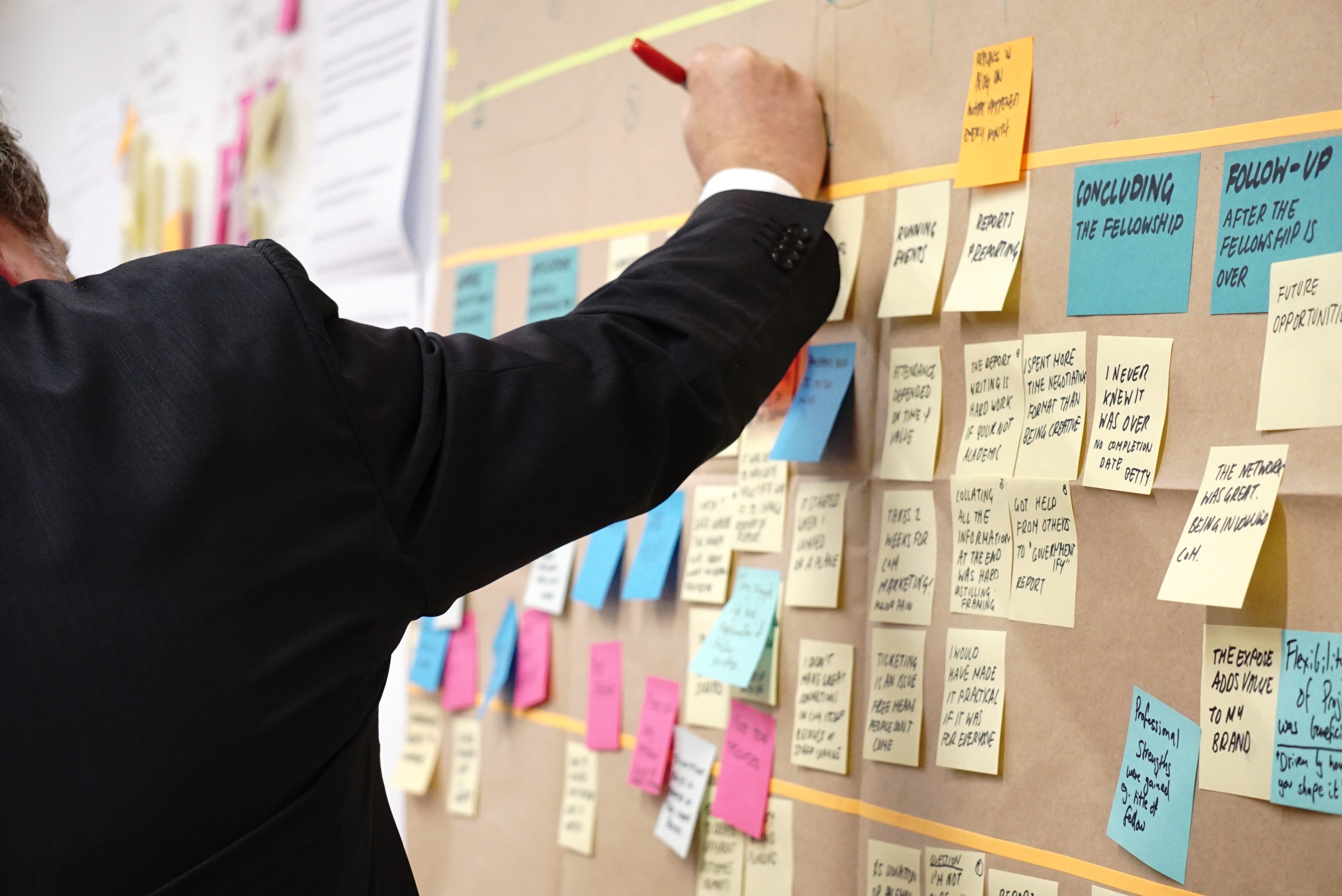 A person putting several small sheets of notes on a board.