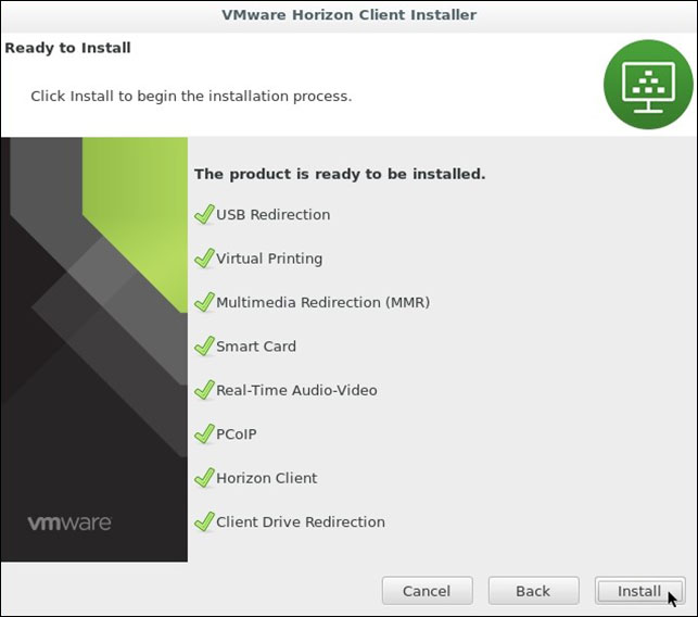 VMware Horizon Client window. Click install to begin the installation process. Install, back and cancel buttons