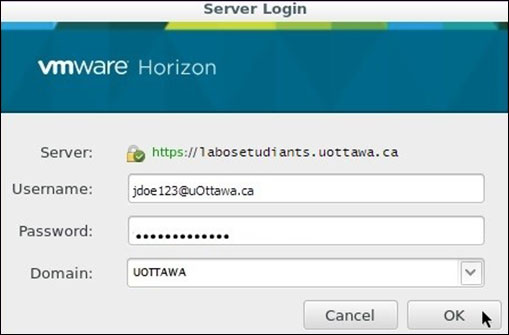 Screenshot of window with server details, user name and password boxes. Login and Cancel buttons