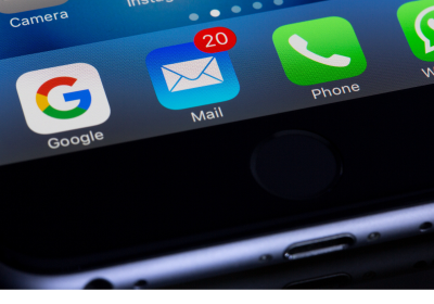 Phone screen displaying Google Icon, Mail Icon with 20 unread emails, Phone Icon and WhatsApp Icon.