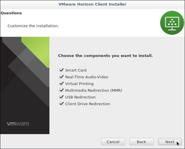 VMware Horizon Client window. Click next to continue the installation process.