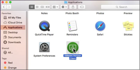Screenshot of Application folder in Finder window. Mouse on VMware Horizon Client.