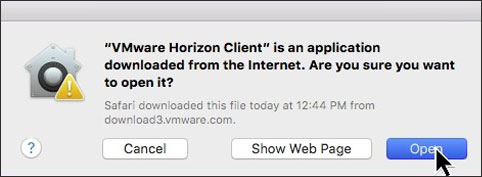 Screenshot of window notifying the application has been downloaded from the internet. Cancel, show web page and open buttons.