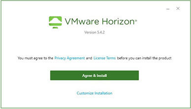 Screen instruction with content VMware Horizon version 5.4.2, you must agree to the privacy agreement and licence terms before you can install the product, agree and install green button and customize installation