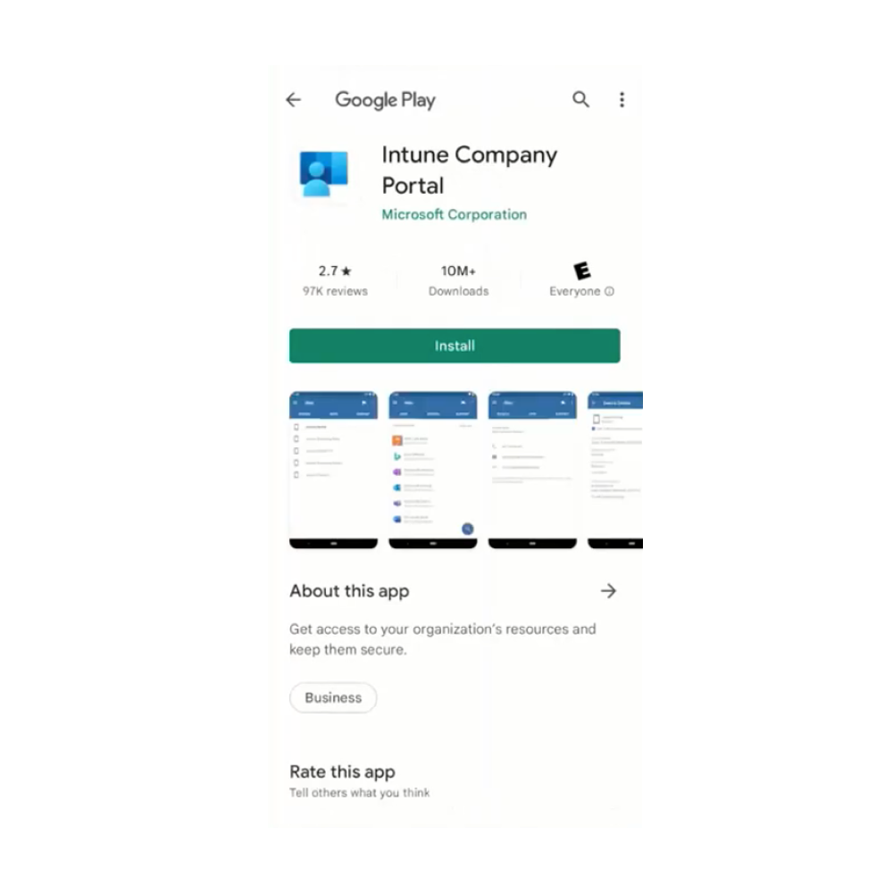  Intune company portal in Google Play store screen