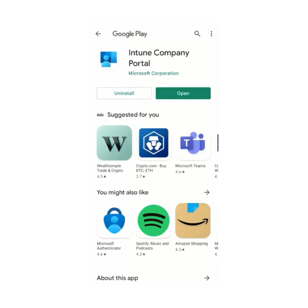 Open Intune company portal in Google Play store screen