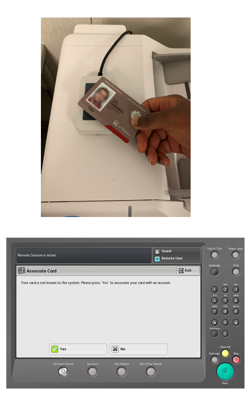 Illustration of step 1: tapping student card to screen of printer displaying authentication message
