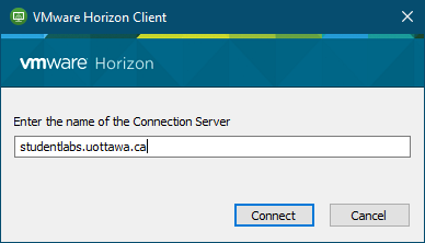 VMWare Horizon screen with input box to 'Enter the name of the Connection Server'