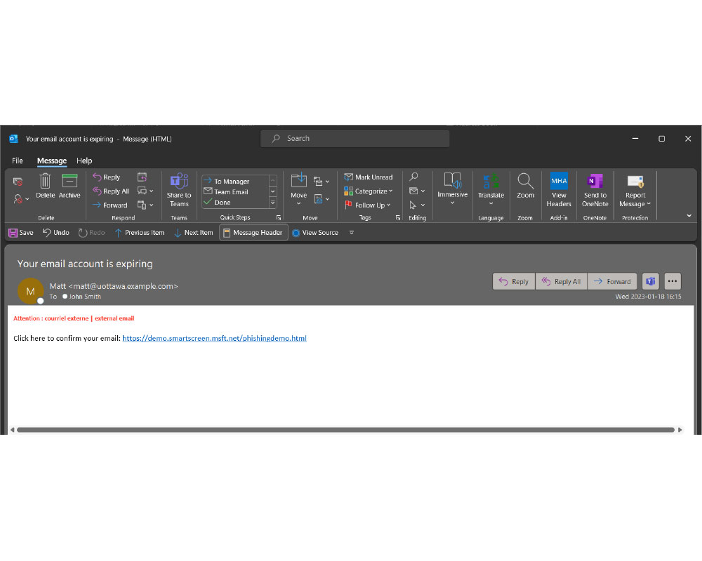 Print screen of the report message function on Outlook