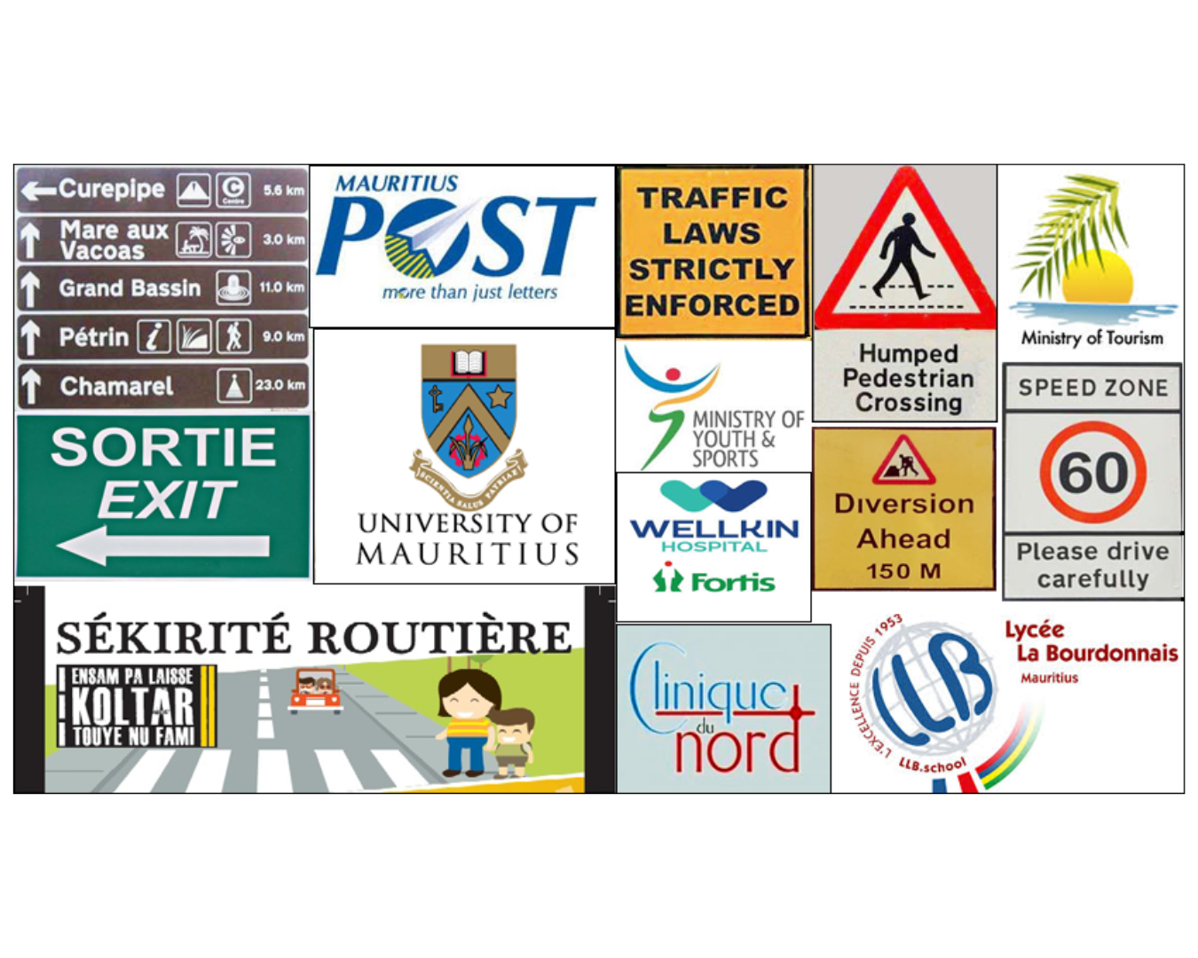 A collage of public signs in Mauritius.