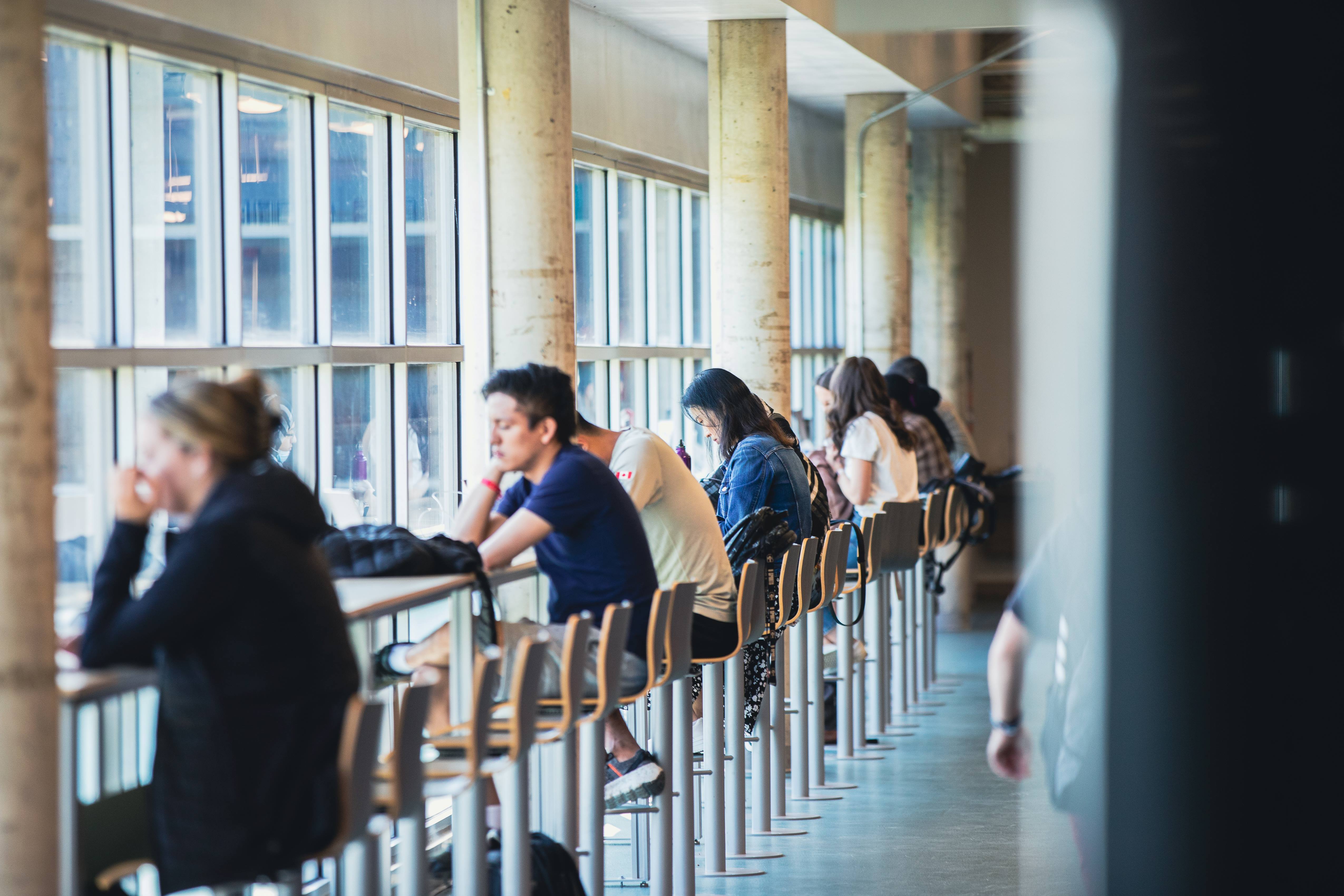 Students working by themselves along a window