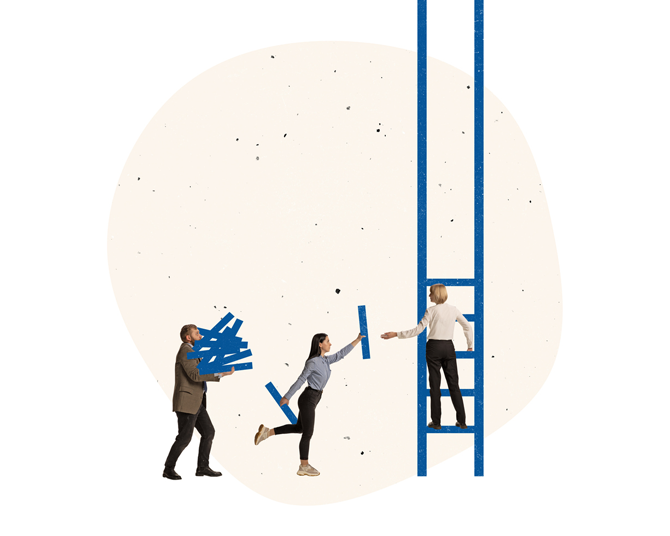 three people working on a ladder