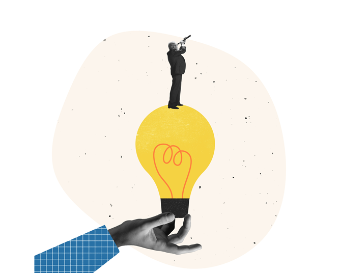 Businessman standing on lightbulb and looking in telescope. Future prediction. Concept of business, growth