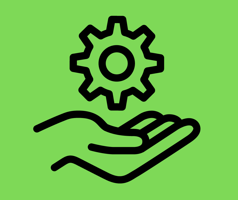 Open hand holding a gear on a green background
