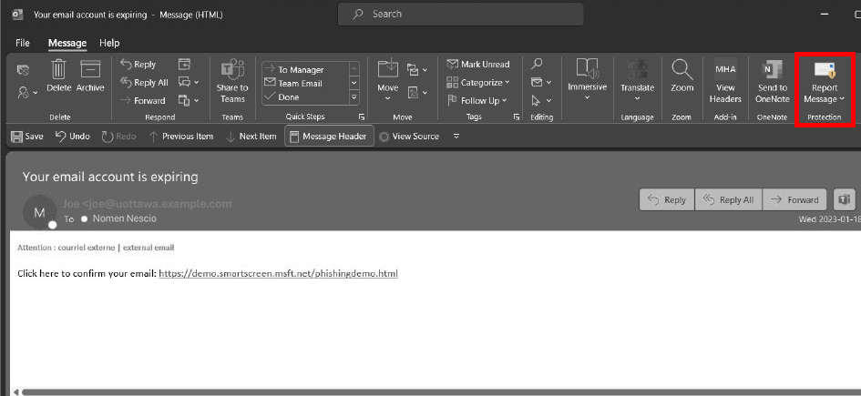 Outlook application window with Report message button on top riddon outlined by a red rectangle