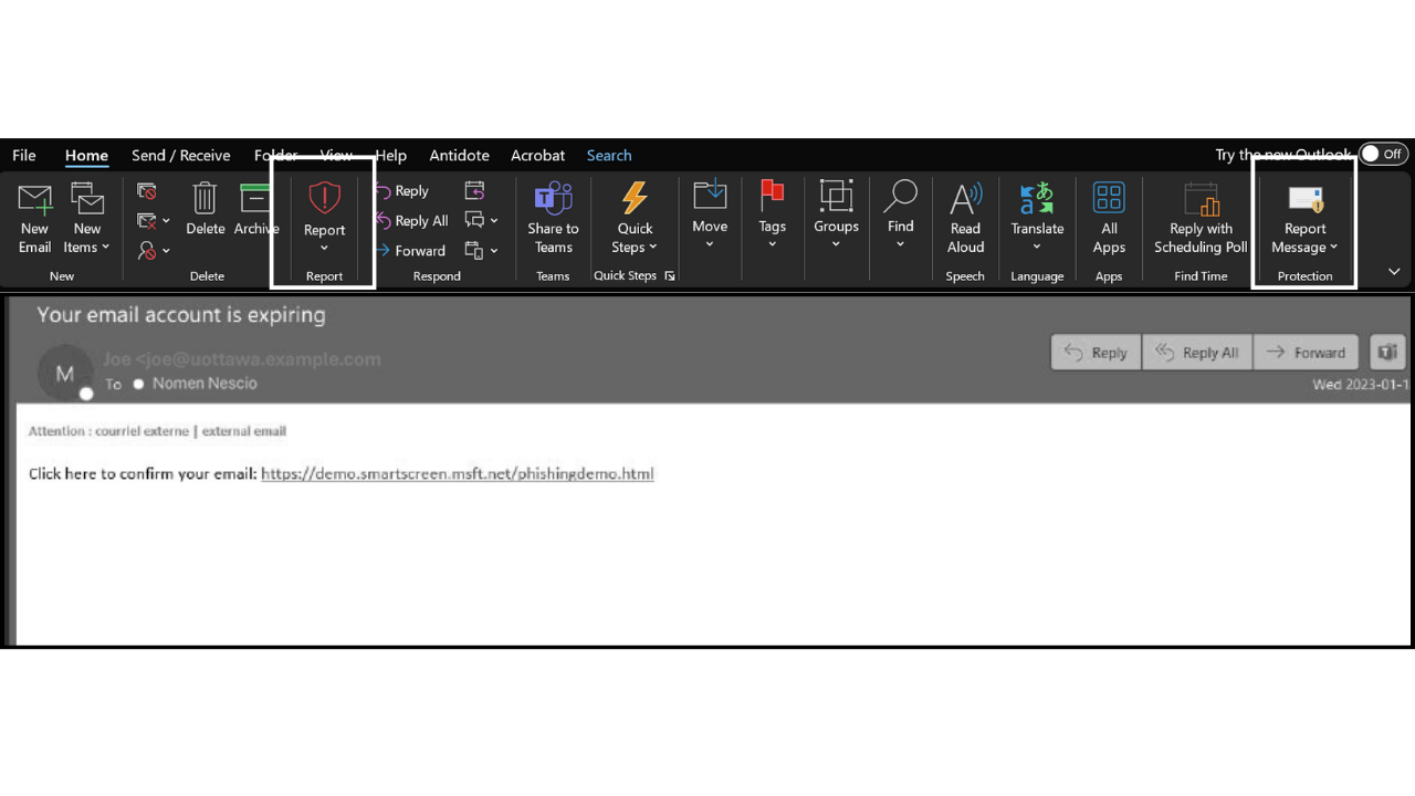 Screenshot of outlook ribbon highlighting the report buttons