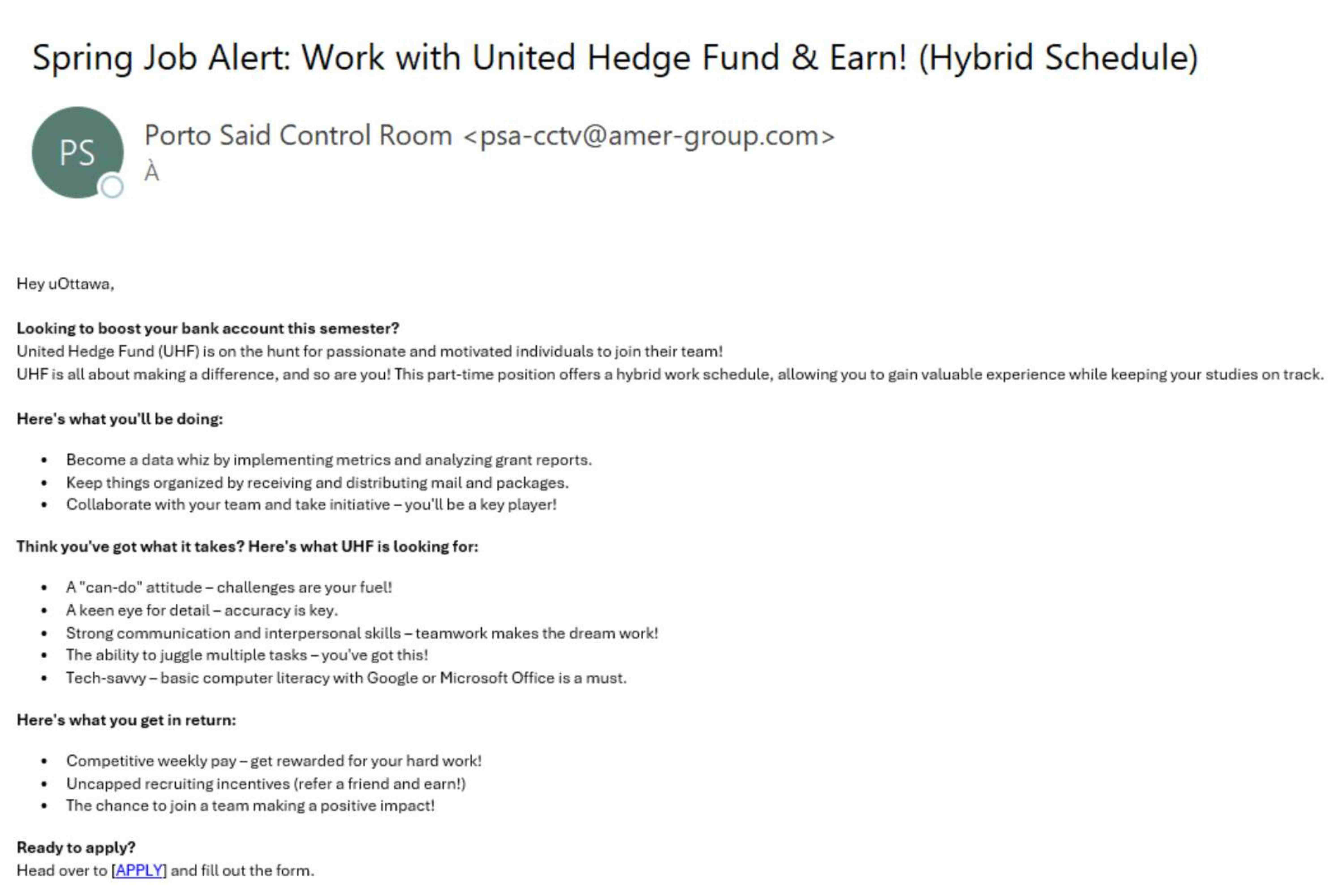 Screenshot of a fake job offer