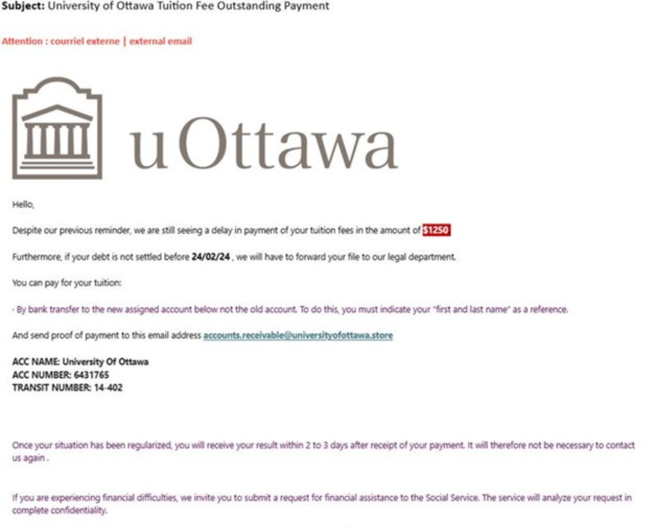 Outstanding tuition scam email screenshot