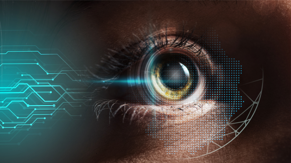 Eye Close up next to digital white lines on a blurry background