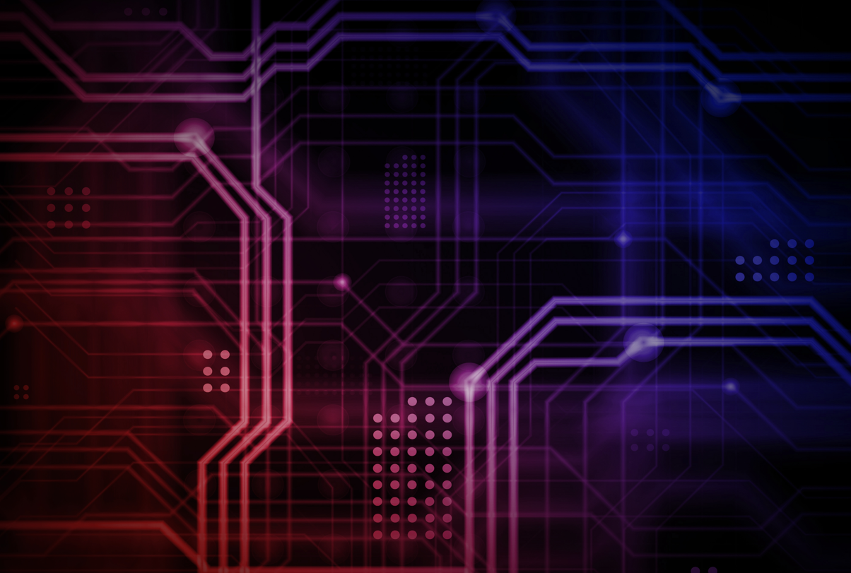 digital blue and red circuits and dots on a black bacground