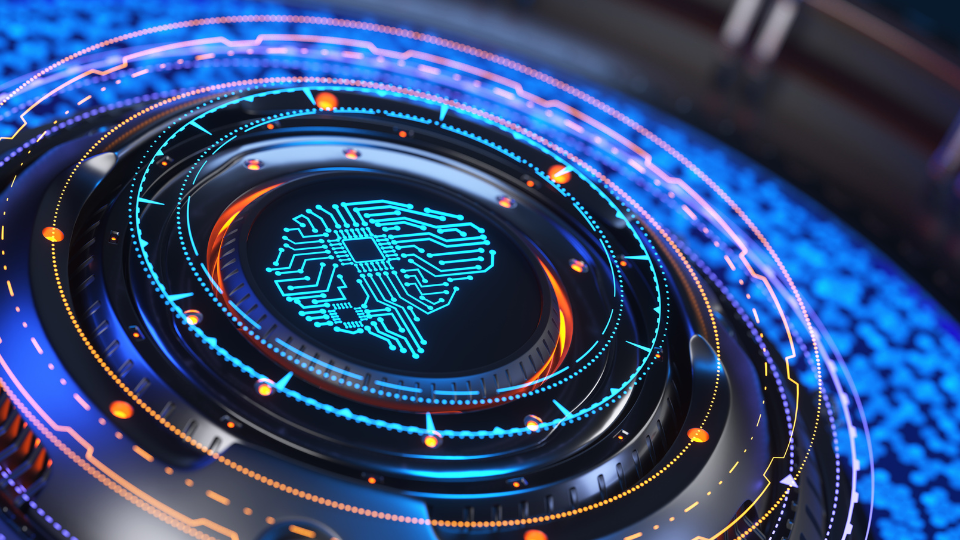 A digitalized human brain inside a digital  colored circles 