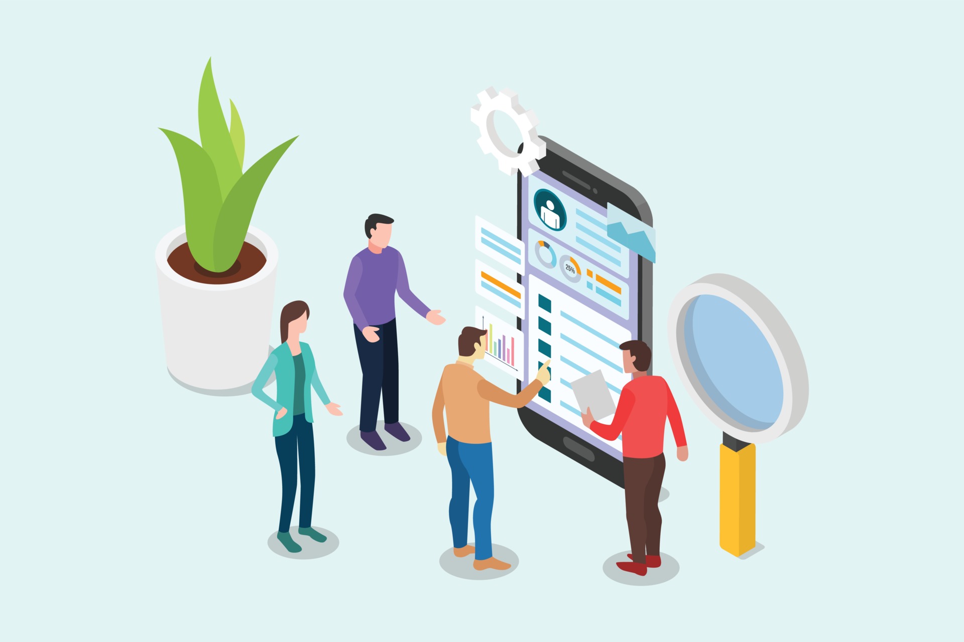 A design of group of people in front of a giant smartphone screen