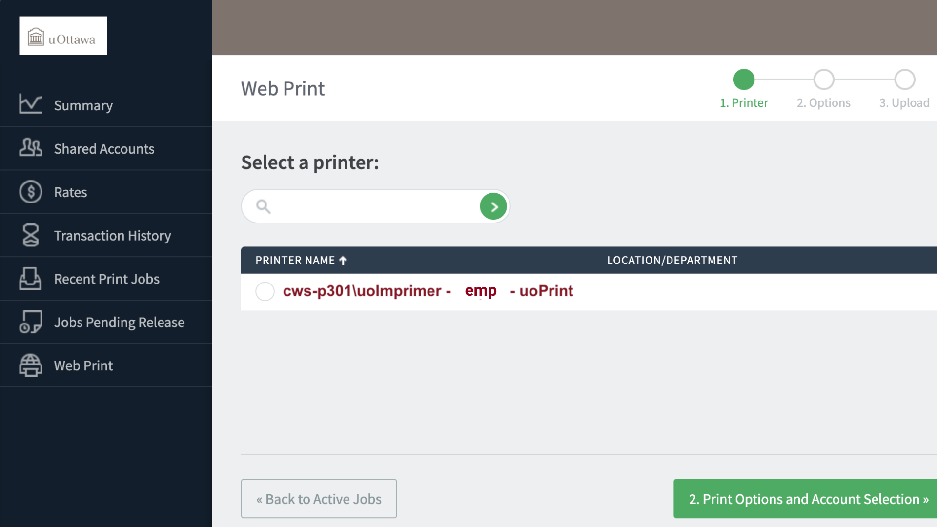 Printer selection screenshot