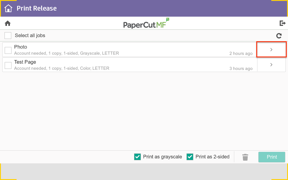 printing job selection screenshot