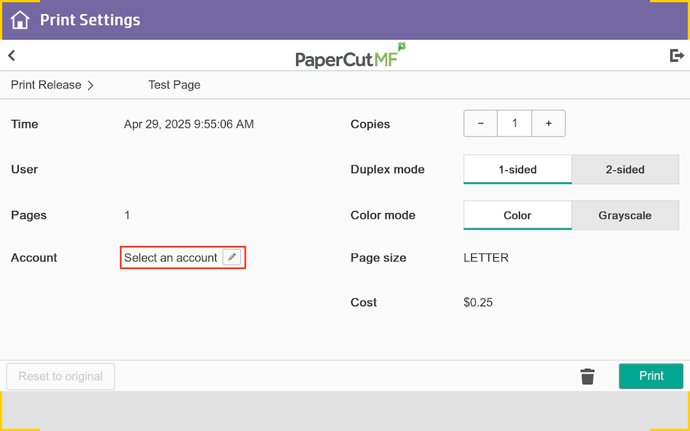 Account selection charge screenshot