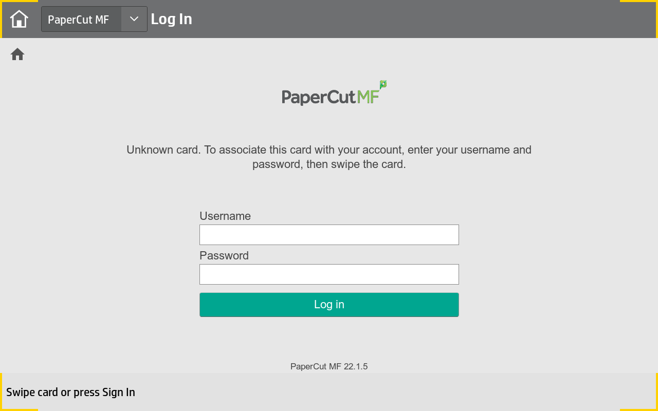 Screenshot of the printer credential screen