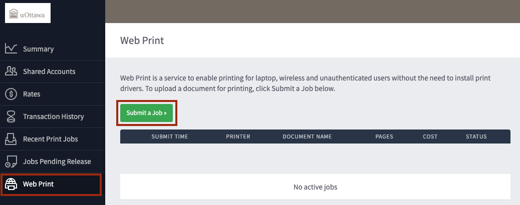 Webprint interface screenshot