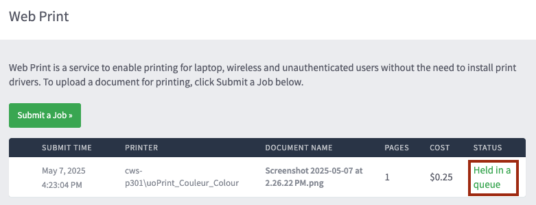 Printing job queue screenshot