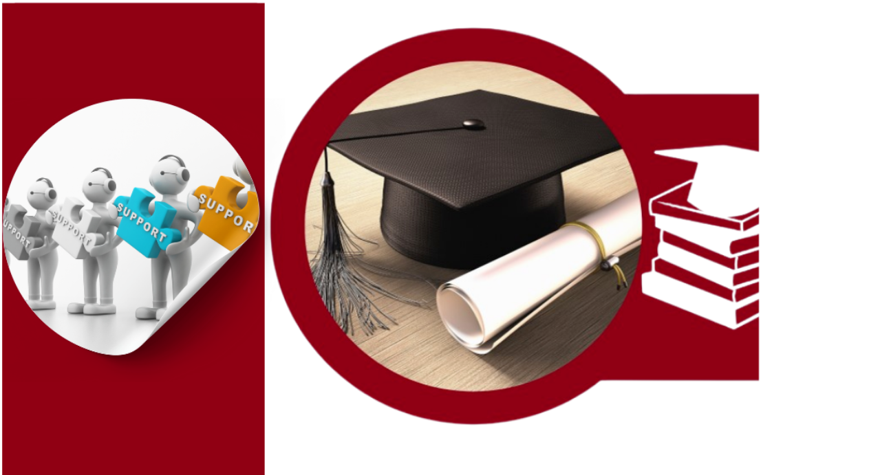 Illustration of three figures holding "Support" signs on the left, and on the right, a graduation cap, a rolled diploma tied with a ribbon, and stacked books. Background features a deep red color.