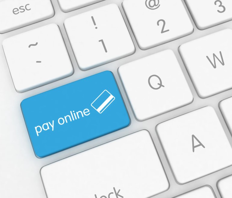 Blue "pay online" key on key board