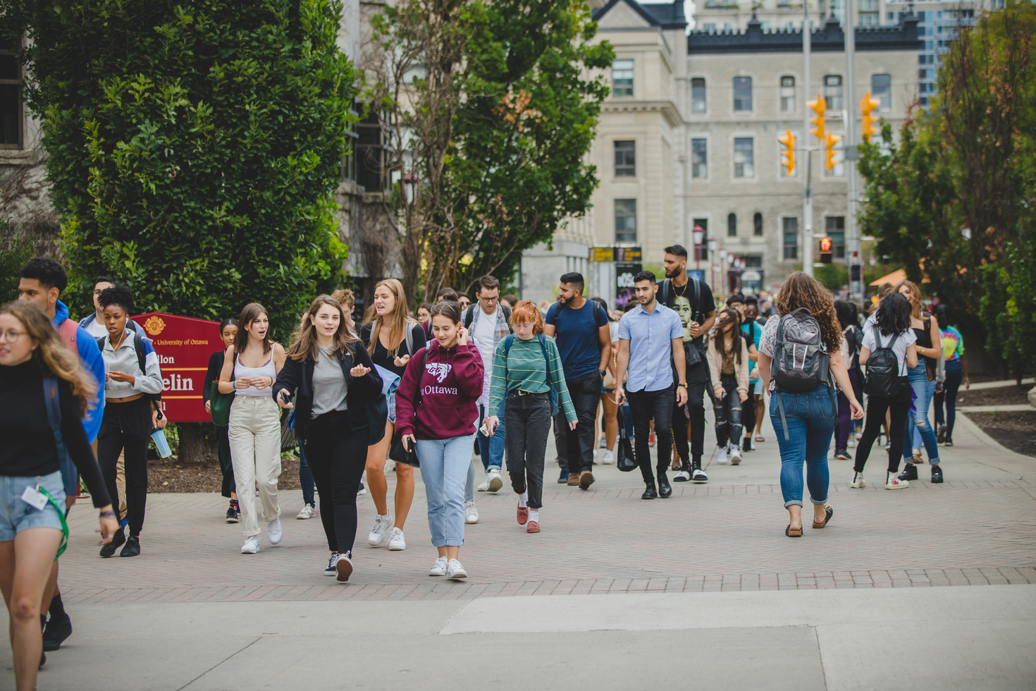 Students walking outside on campus.