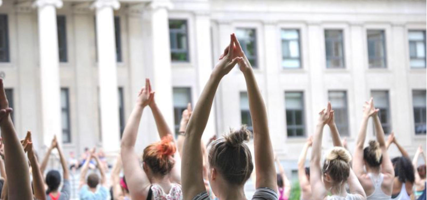 Employees doing yoga on the Tabaret lawn.