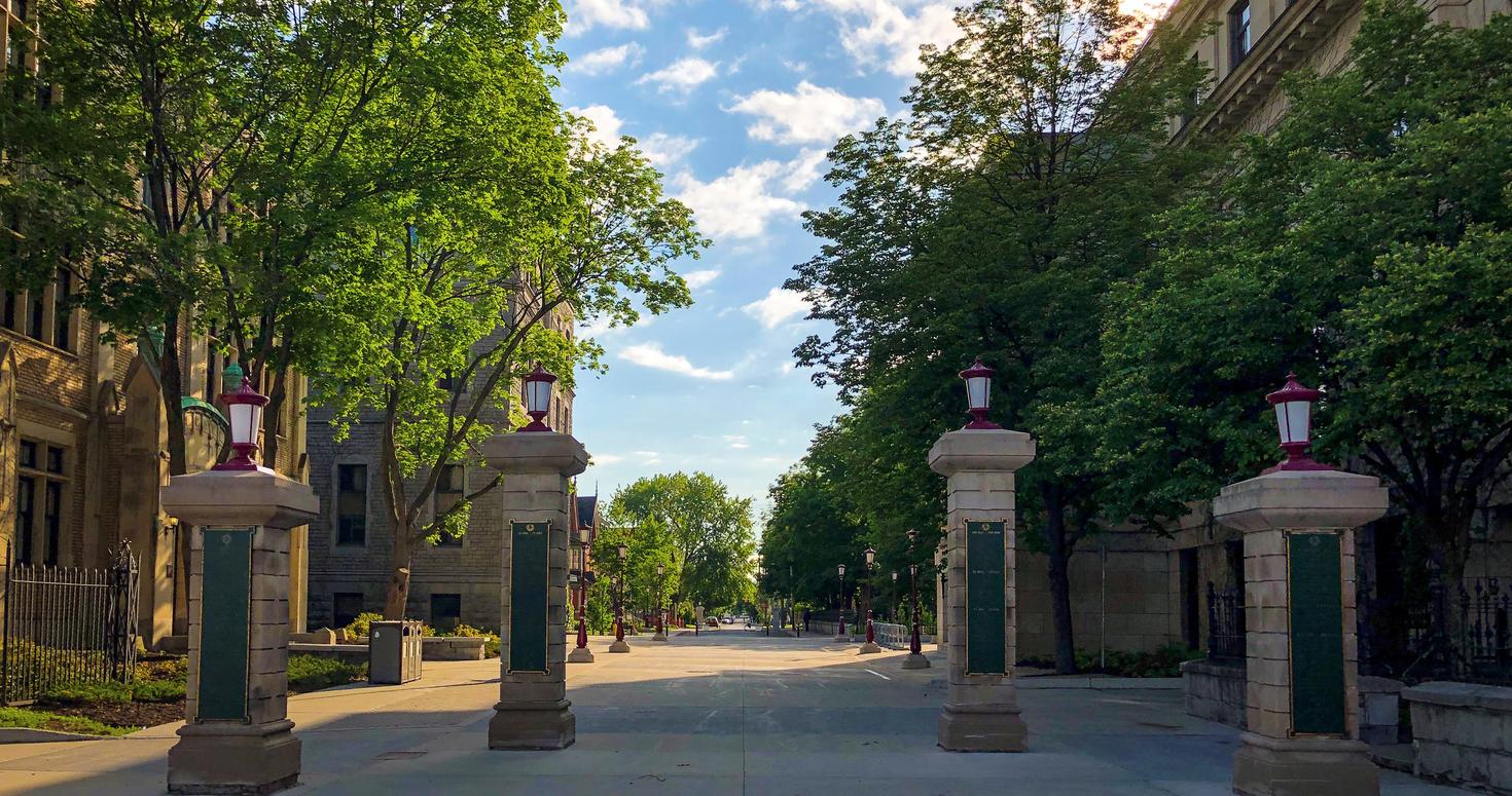 Campus street with red street lamp posts.