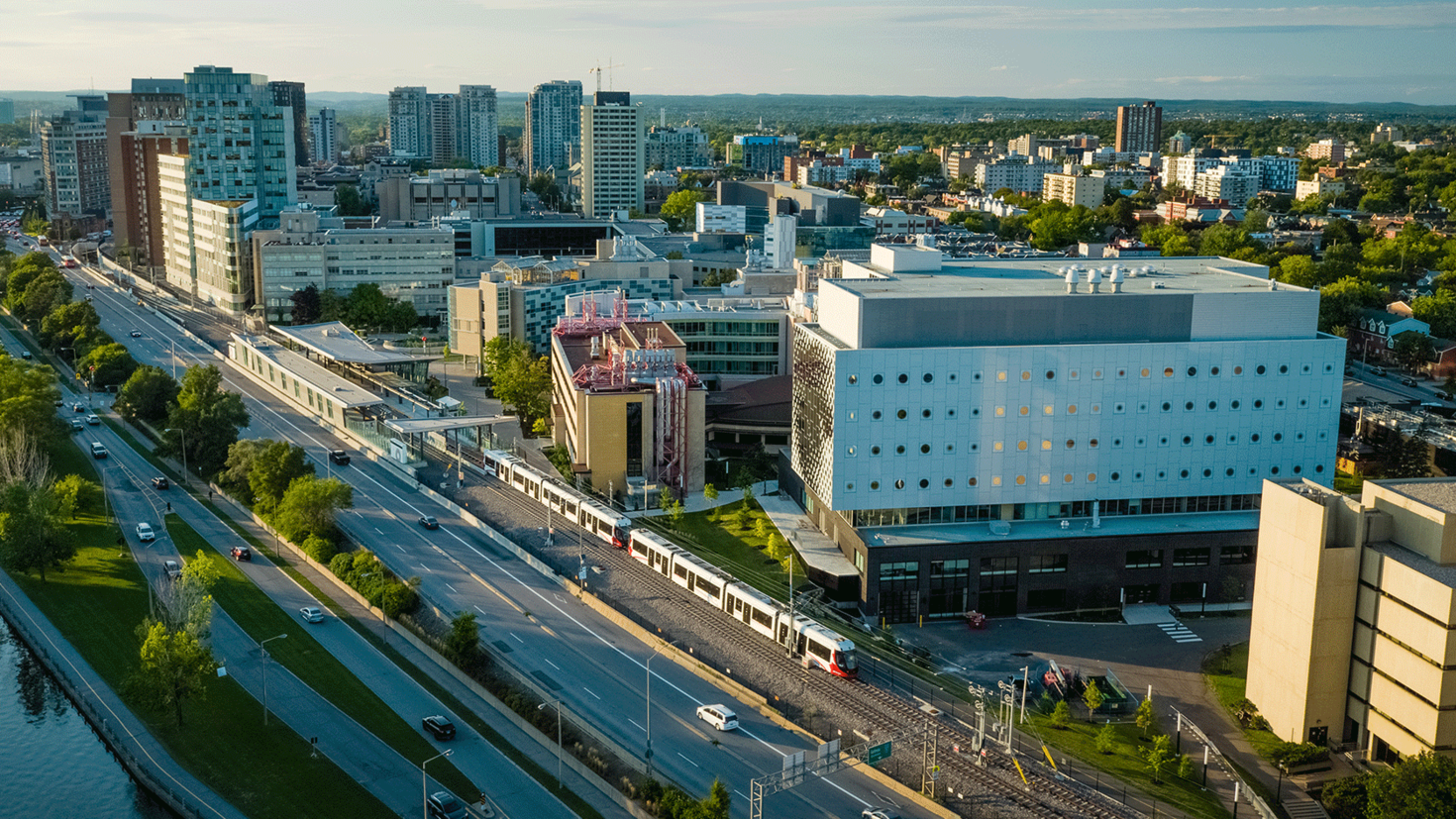 Aerial photo of the campus, with a focus on the STEM Complex.
