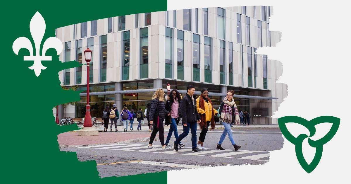 Photo of students on campus superimposed on a Franco-Ontarian flag