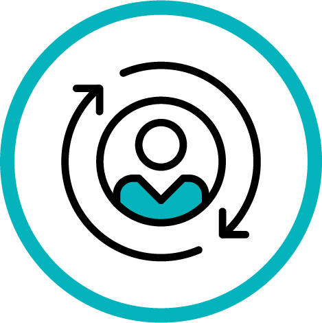 Blue circle with rotating arrows and person in the centre