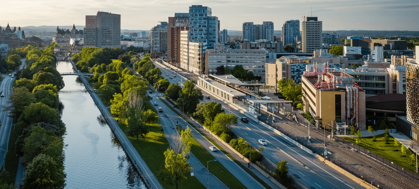 Aerial view of Ottawa Canal and Campus. 
