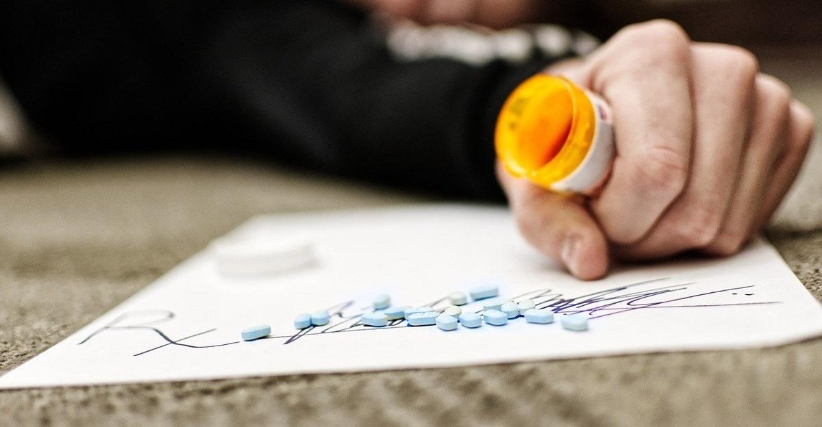 Man's hand clutching open pill bottle with pills spilled on floor
