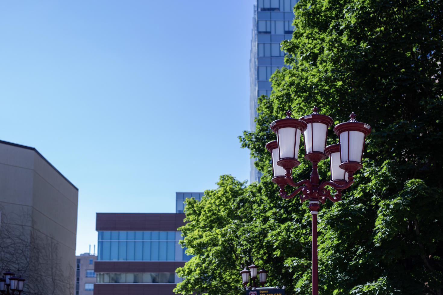 Red lamp posts on campus.