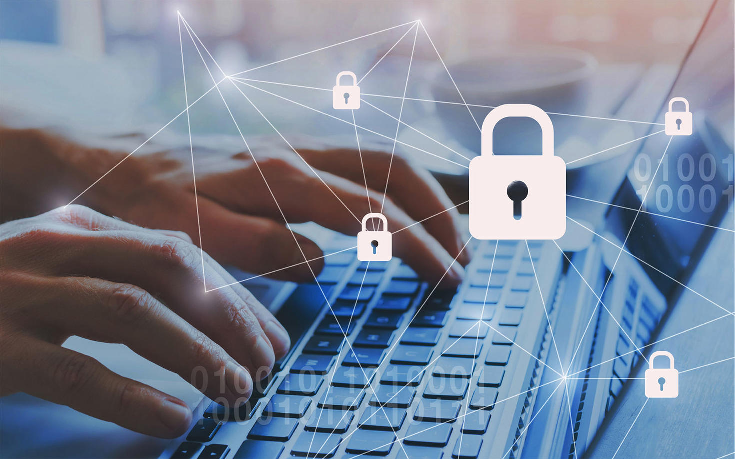 fingers typing on keyboard with lock graphic superimposed