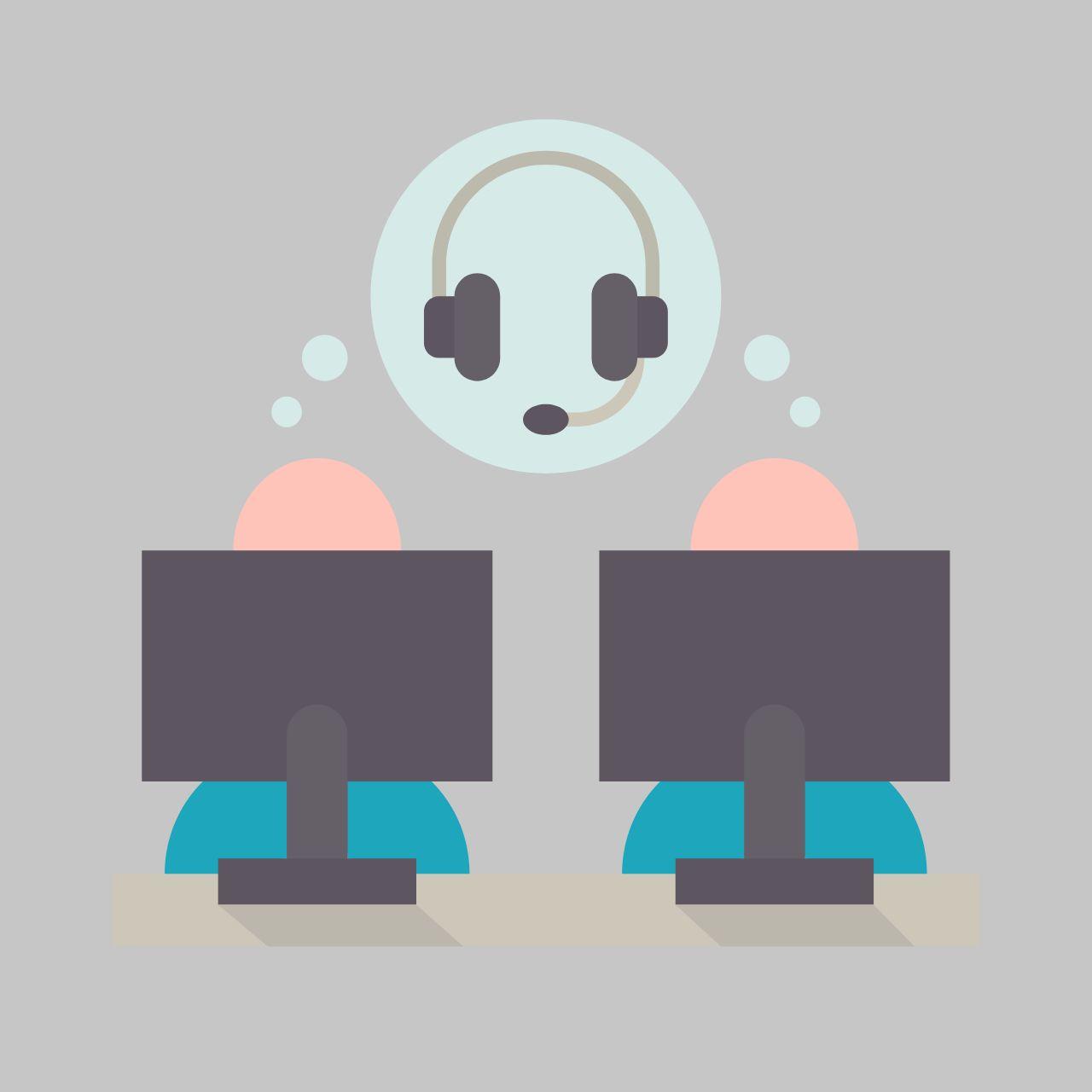  Illustration montrant deux personnes travaillant sur des ordinateurs avec un casque dans une bulle de pensée.