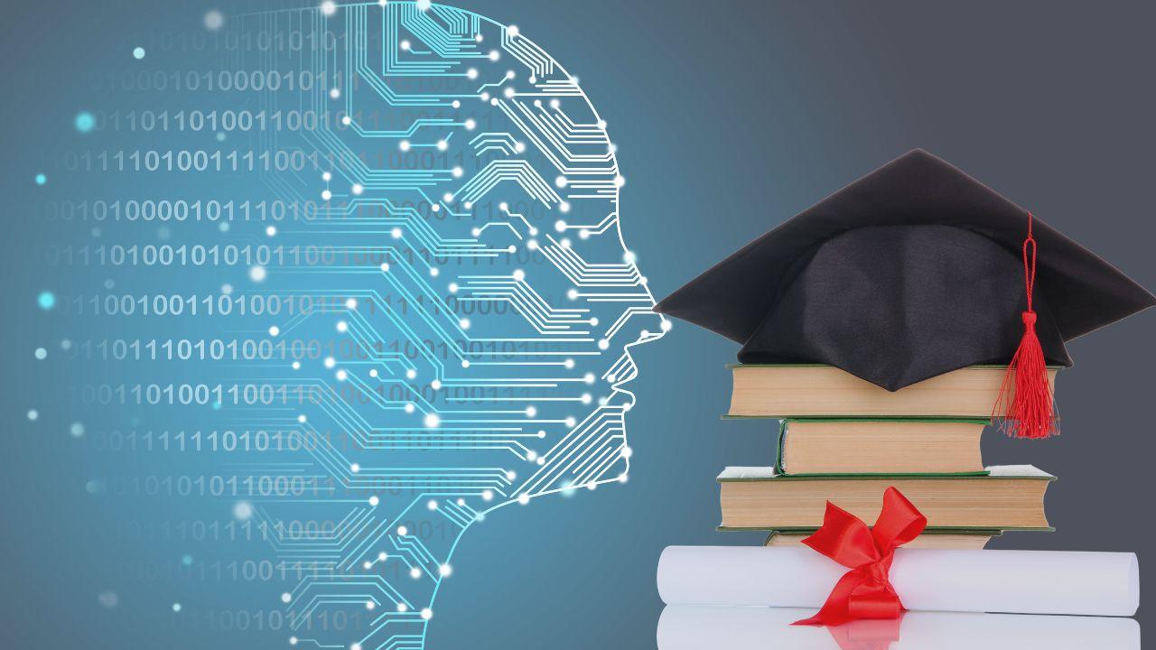 Electronic circuits in the shape of a face next to a pile of textbooks with a graduation hat on the top on a blue background